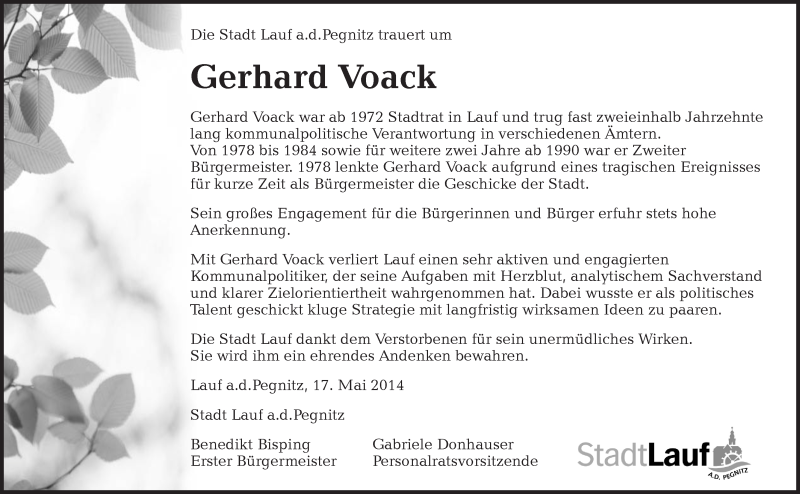  Traueranzeige für Gerhard Voack vom 17.05.2014 aus Pegnitz-Zeitung